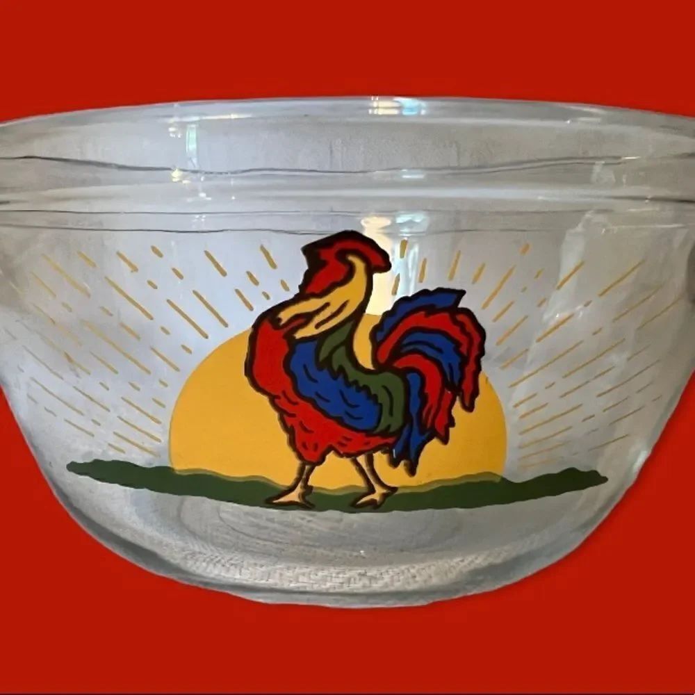 Vintage Anchor Hocking Rooster Sunshine Mixing Bowl Clear Glass 2.5 Qt TV Prop.